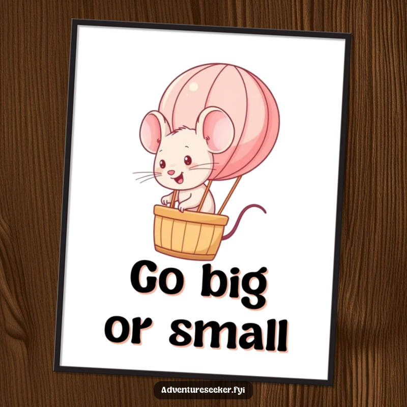 Funny energetic mouse character riding a miniature hot air balloon in a digital art print, full of joy. An instant funny gift.