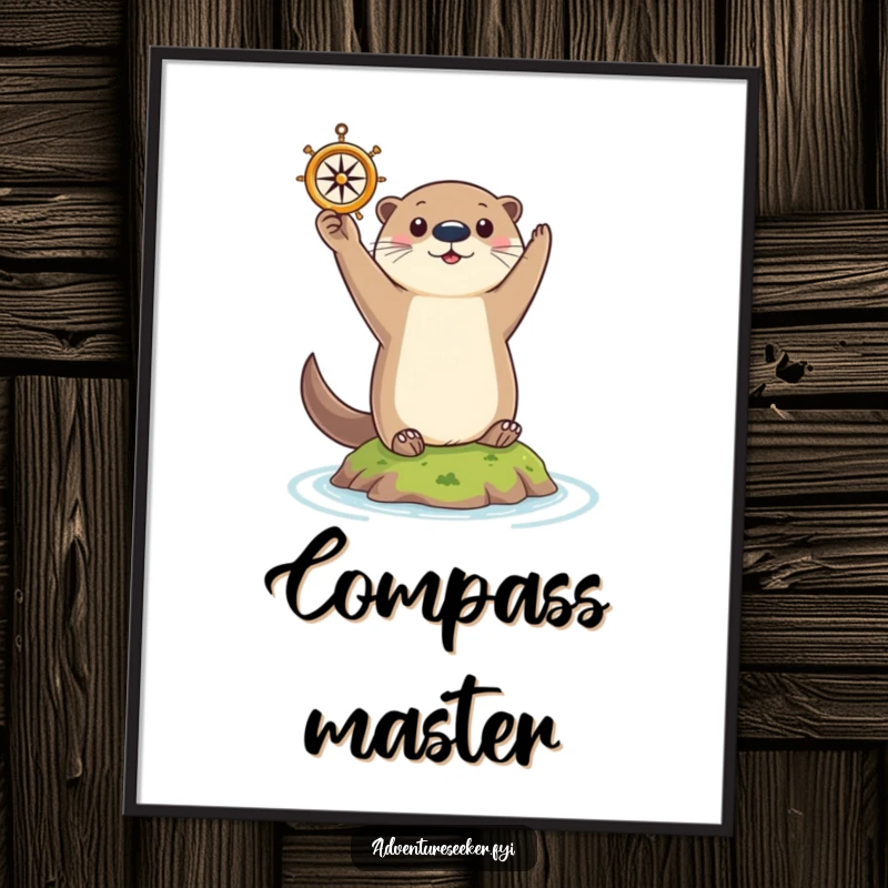 Funny Otter Digital Art Print: Curious otter triumphantly holding a tiny compass aloft on a small island, instant download.
