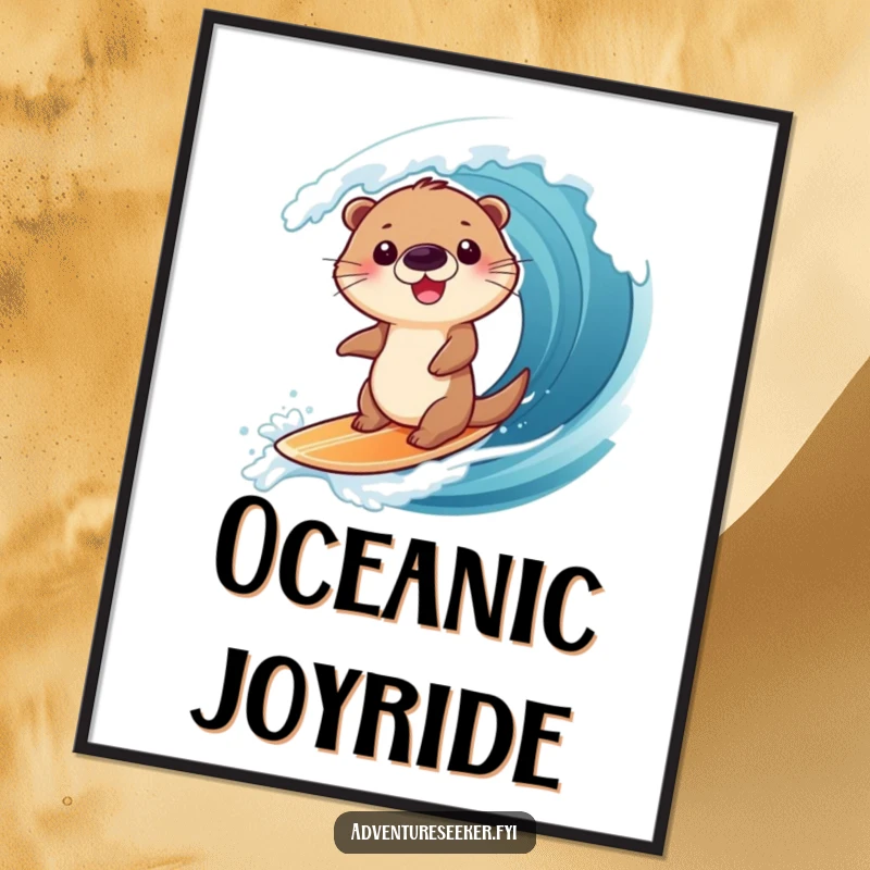 Funny digital art print of a giggling otter character riding a giant wave on a small board, bringing seaside joy and humor to your walls.