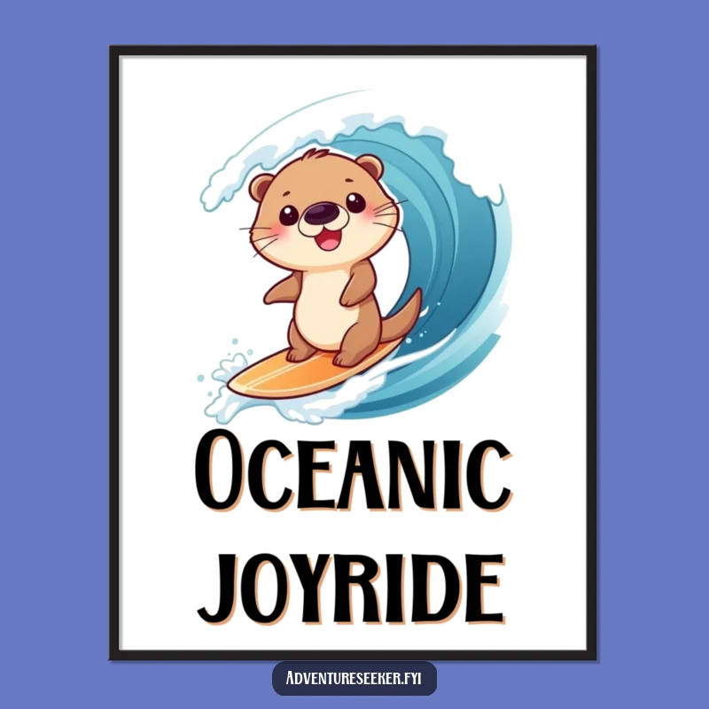 Funny Otter Surfing Digital Art: Giggling Character's Wave Scene, Wall Art Gift