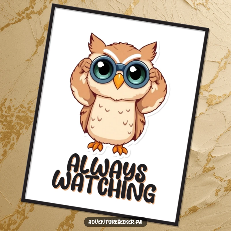 Funny owl character seen through binoculars on a digital art print, radiating curiosity and charm. An instant funny gift.