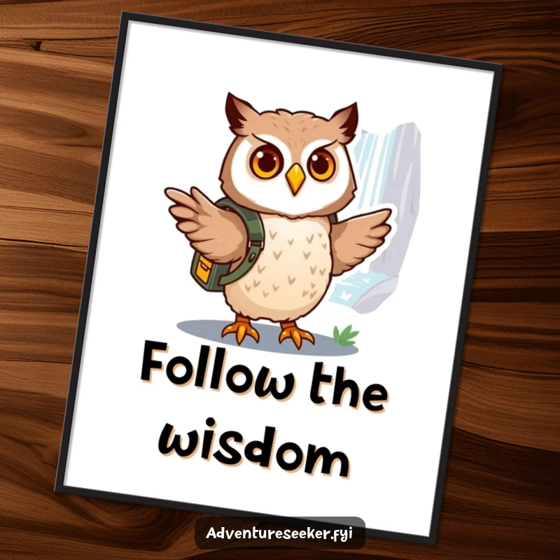 Funny owl explorer digital art, showing a brave owl with a backpack pointing towards a distant, shimmering waterfall.