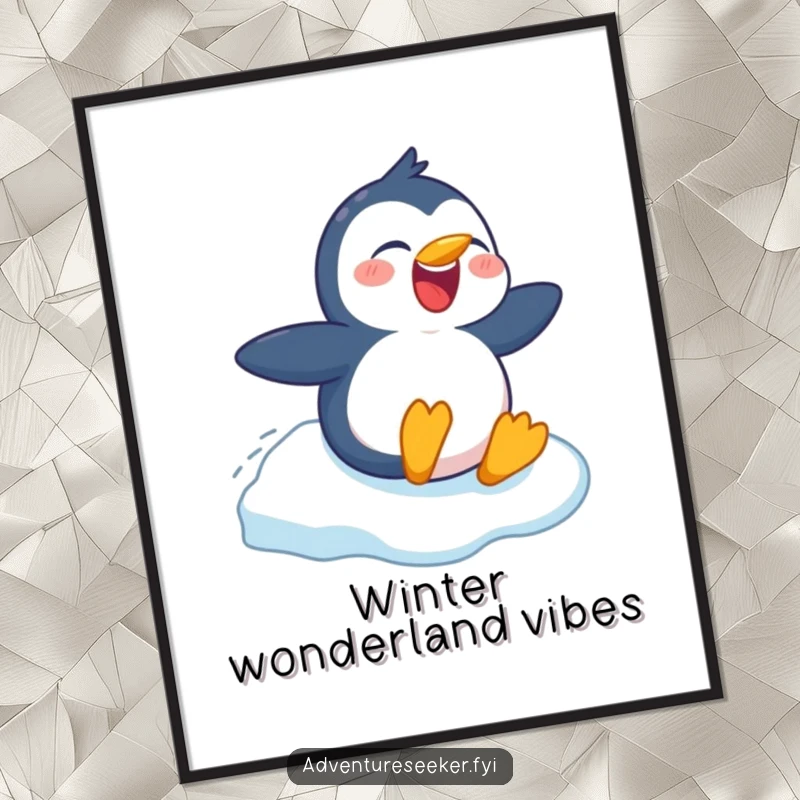 Funny digital art print of a happy penguin character sliding down a frosty slope, bringing winter cheer and humor to your walls.