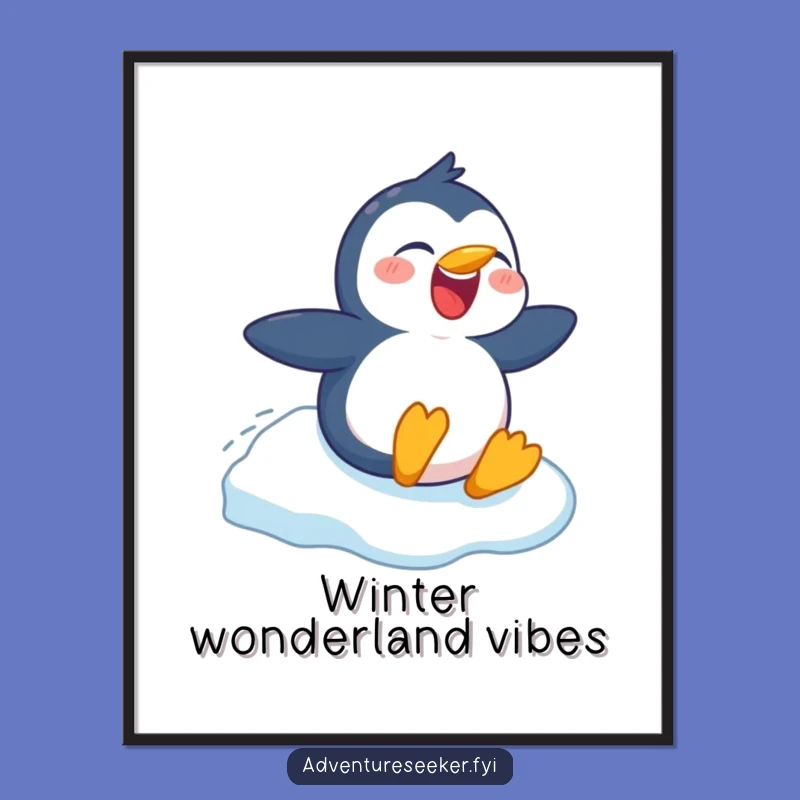 Funny Penguin Digital Art: Cheerful Character's Ice Slide Joyful Scene, Wall Art Gift