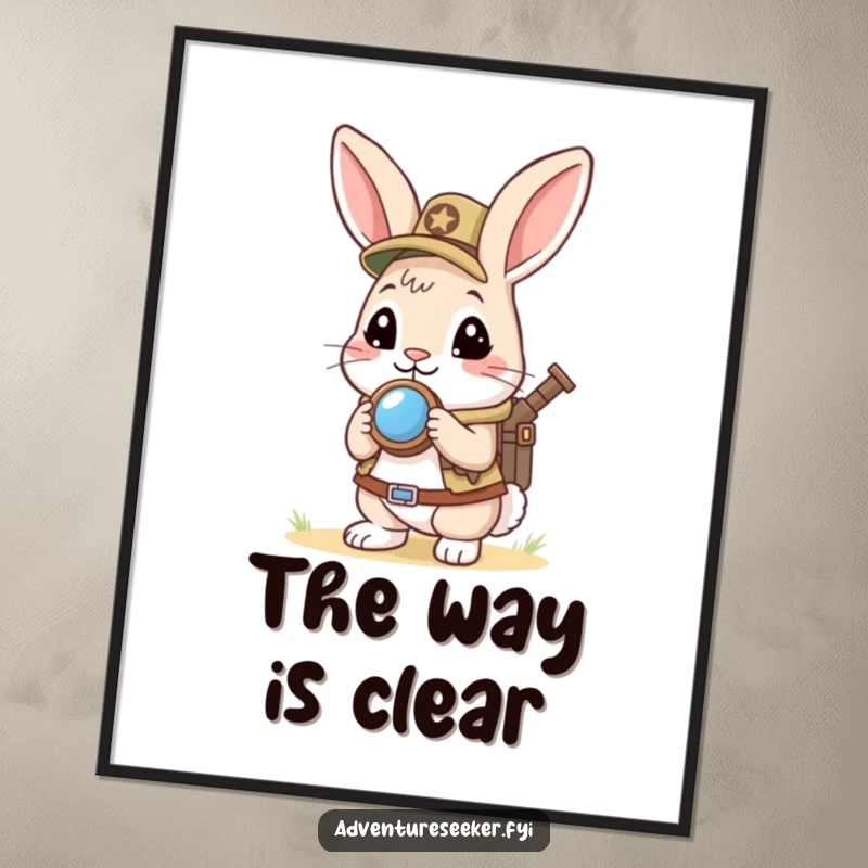 Funny Rabbit Scout Digital Art Print: Curious rabbit holding a mini compass, looking ahead eagerly, showcasing a humorous and charming design for instant download.