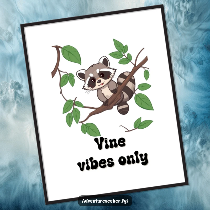 Funny raccoon acrobat digital art print of a resourceful raccoon expertly navigating a jungle vine.