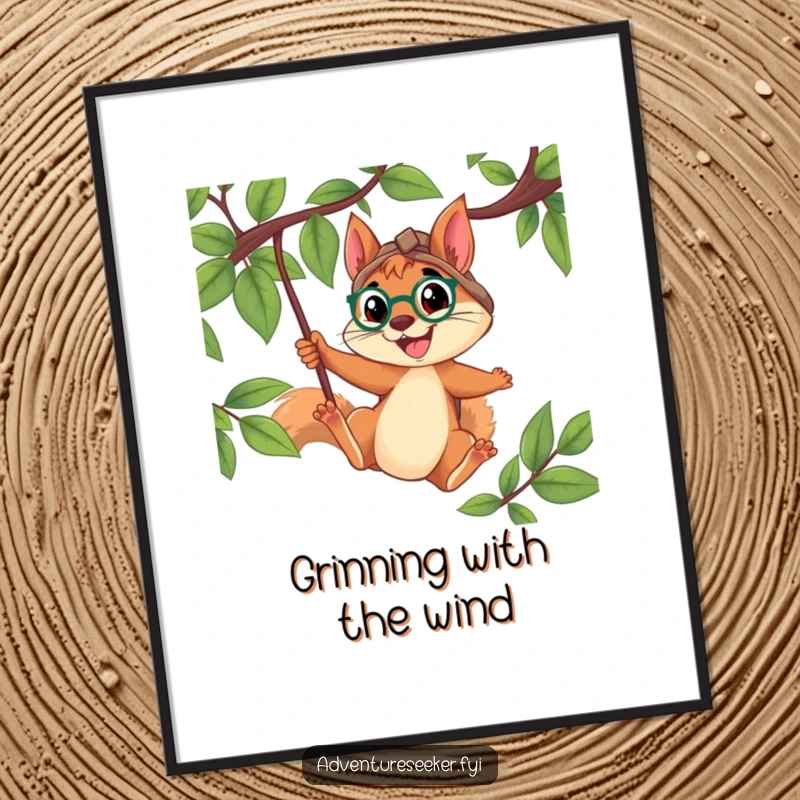 Funny Squirrel Explorer Digital Art Print: Determined squirrel swinging from a vine with a wide smile, showcasing a humorous and energetic design for instant download.