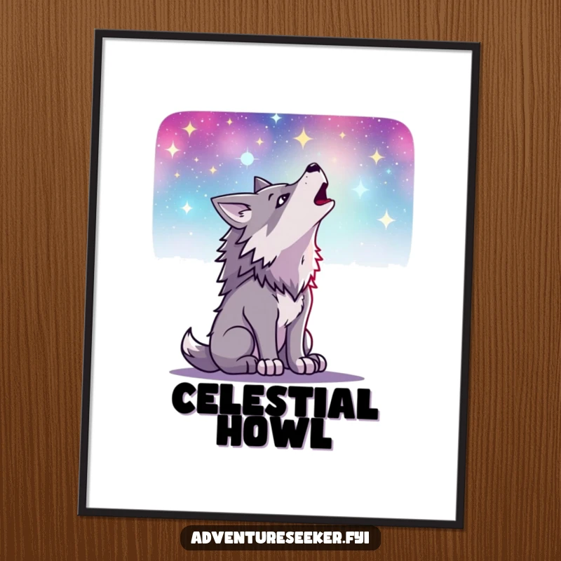 Funny digital art print of a determined wolf howling at a spectacular starry sky, bringing wild beauty and humor to any room.