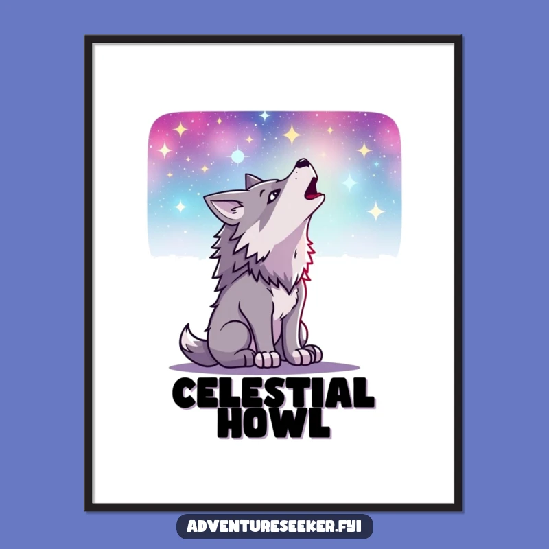 Funny Wolf Howling Digital Art: Determined Character's Starry Night Scene, Wall Art Gift