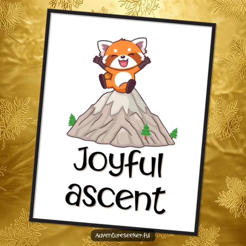Funny Red Panda Digital Art Print: Joyful red panda leaping energetically over miniature mountains, instant download.