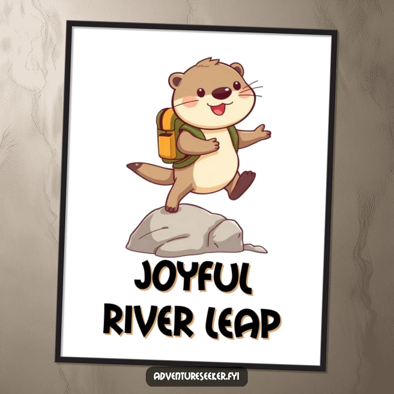Funny Otter Digital Art Print: Cheerful adventurer otter with backpack leaps a rock, showcasing a humorous and lively design for instant download.