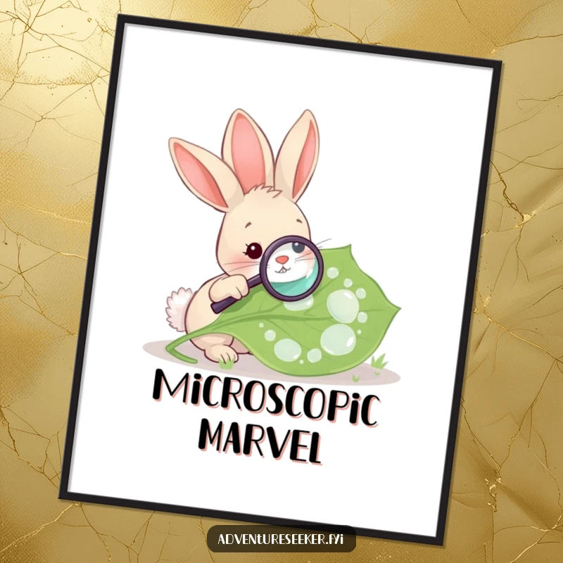 Funny Rabbit Magnifying Leaf Digital Art Print. A curious rabbit examining a dew-covered leaf with a magnifying glass.