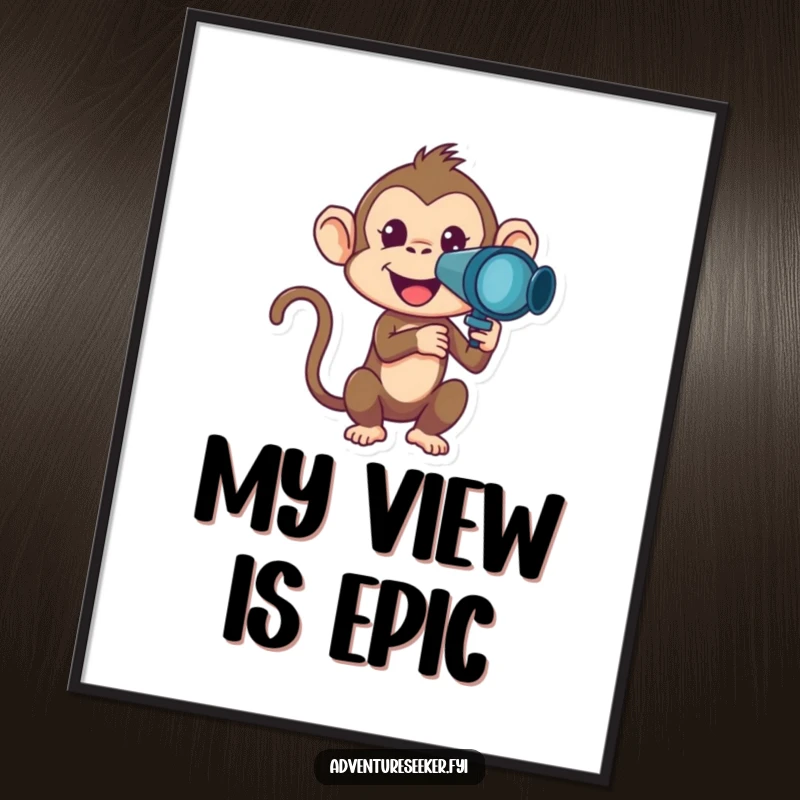 Funny Monkey Digital Art Print of a monkey looking through a telescope, humorous and adventurous wall decor.