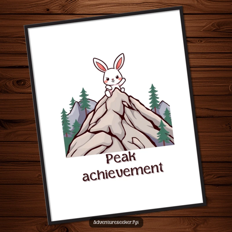 Funny climbing rabbit digital art print of a determined character climbing a mountain, symbolizing achievement.