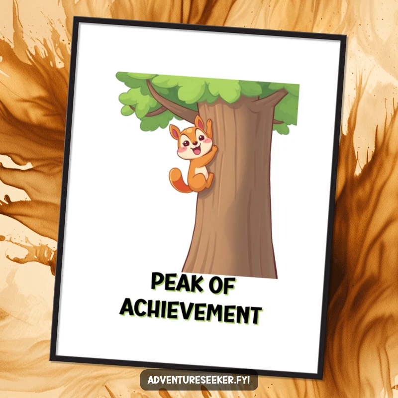 Funny Squirrel Digital Art Print: Happy character triumphantly climbing a tall tree, a funny piece for motivation.