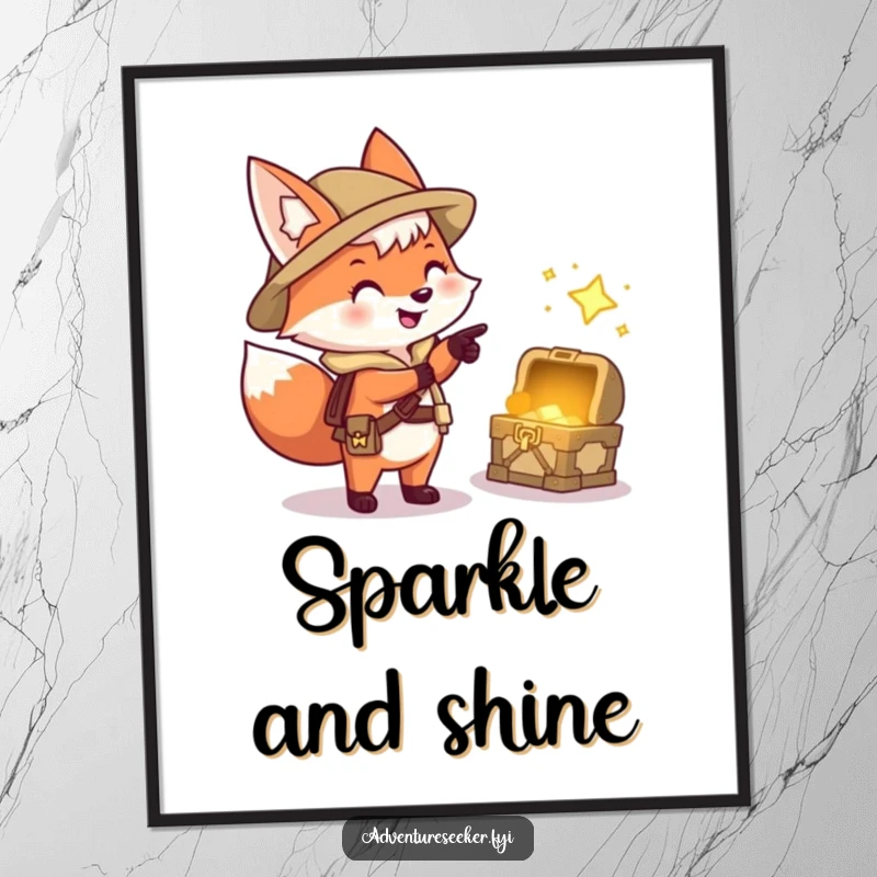 Funny digital art print of a happy fox explorer character pointing excitedly at a sparkling treasure chest, ideal for wall art.