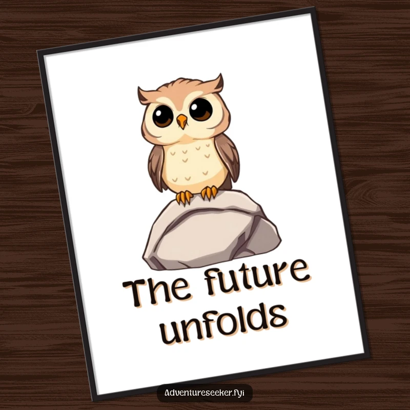 Funny Owl Digital Art Print: Curious owl on a rock, gazing into the distance, a funny piece of quiet reflection.