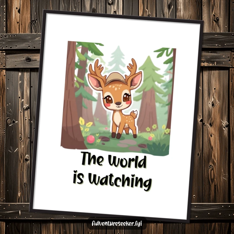 Funny digital art print of a shy deer scout cautiously emerging from a dense forest, exuding curiosity and gentle charm.