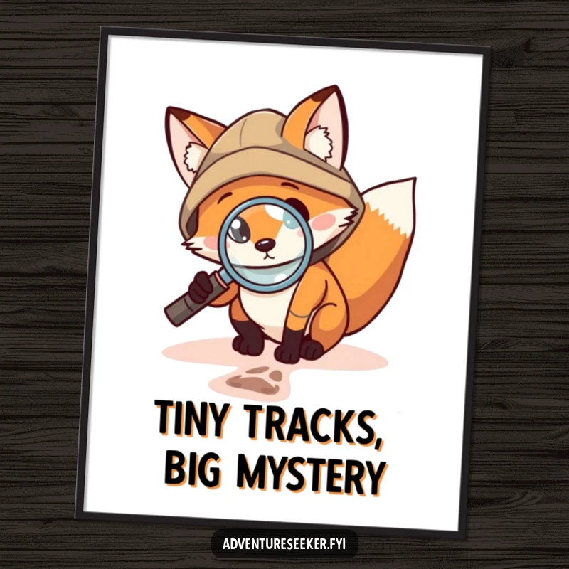 Funny Fox Explorer Digital Art Print: Brave fox with magnifying glass inspecting a tiny footprint, showcasing a humorous and investigative design for instant download.