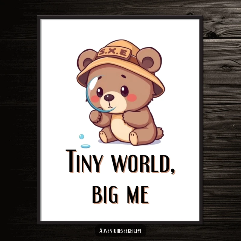 Funny bear cub explorer digital art, showing a determined cub in an explorer hat with a magnifying glass studying a dewdrop.