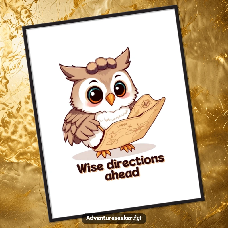 Funny digital art print of a curious owl navigator character studying a large, ancient map with a smile, ideal for walls.