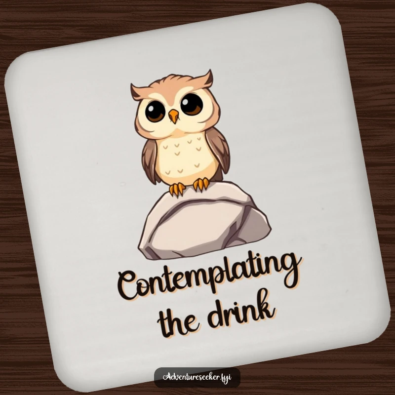 Funny Owl Coaster: Curious owl on a rock, gazing into the distance, a funny addition to your decor.