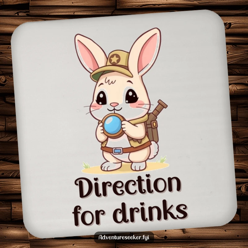 Funny Rabbit Scout Coaster: Curious rabbit holding a mini compass, looking ahead eagerly, guarding drinks with humor and a scout's precision.