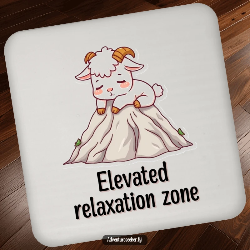 Funny Mountain Goat Drink Coaster with a contented goat character napping on a mountain peak, a humorous and protective accessory.