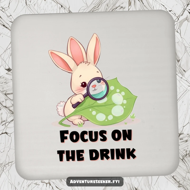 Funny Rabbit Magnifying Leaf Coasters. A rabbit uses a magnifying glass on a leaf, bringing nature study to your drinkware.
