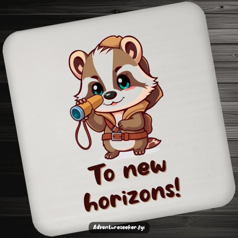 Funny drink coaster showcasing a brave badger explorer and spyglass, adding a touch of adventure to table protection.