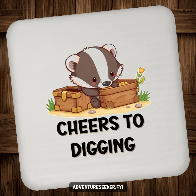 Funny drink coaster featuring a curious badger character digging excitedly near a hidden treasure chest, great for any table.