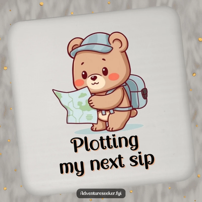 Funny Bear Coaster: Cute character with backpack and map, a funny addition to any table setting.