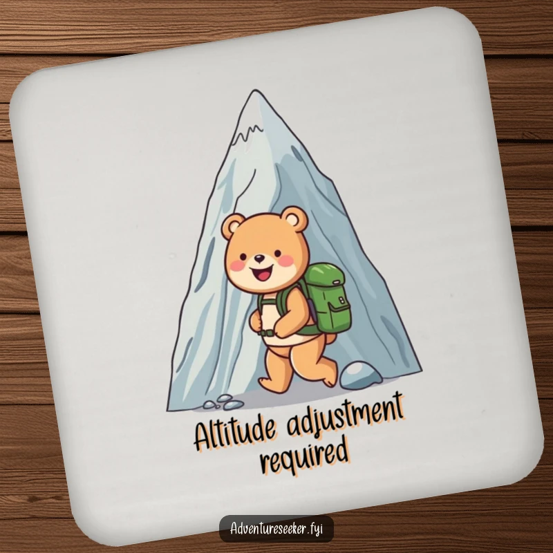Funny drink coasters featuring a happy bear with a backpack ascending a colossal mountain, adding a humorous touch to table settings.