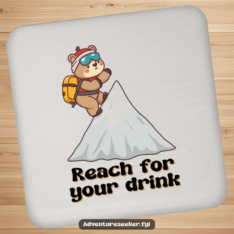 Funny Bear Mountaineer Coaster: Playful bear climbing a stylized mountain peak, guarding drinks with humor and a climber's determination.
