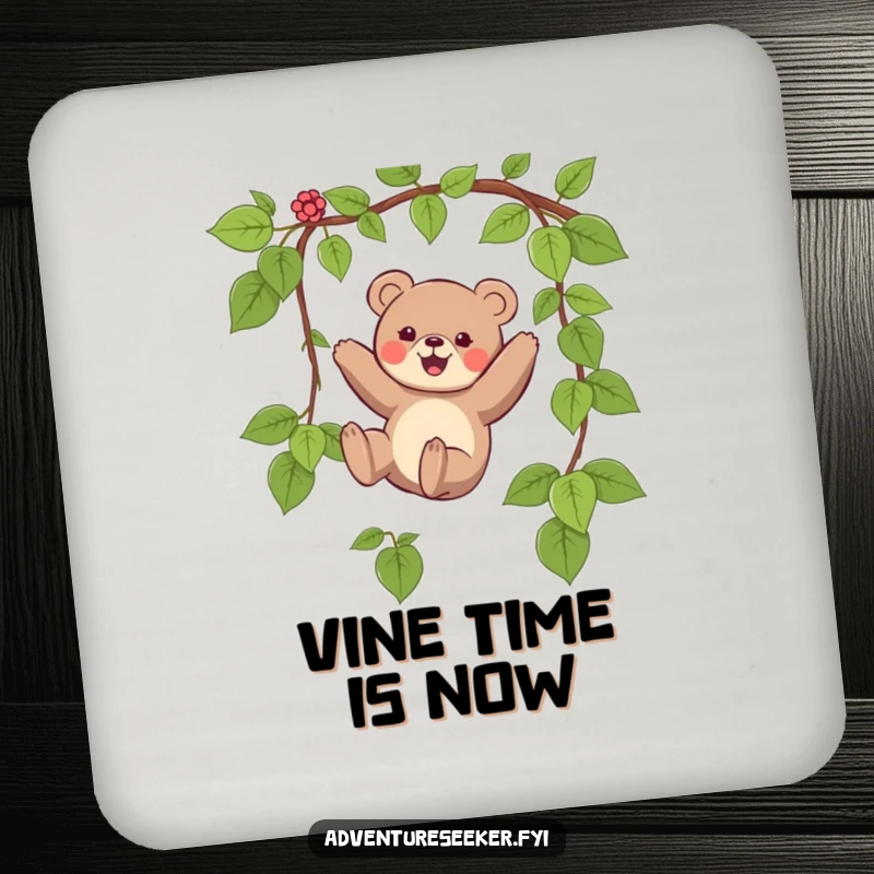 Funny drink coasters featuring a small bear character joyfully swinging on a vine, adding a playful touch to any surface.