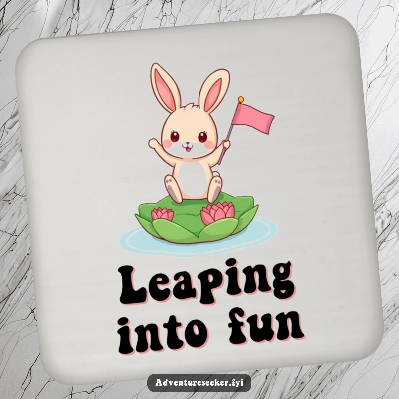 Funny Bunny Coaster: Playful bunny triumphantly planting a tiny flag on a floating lily pad, functional and fun.