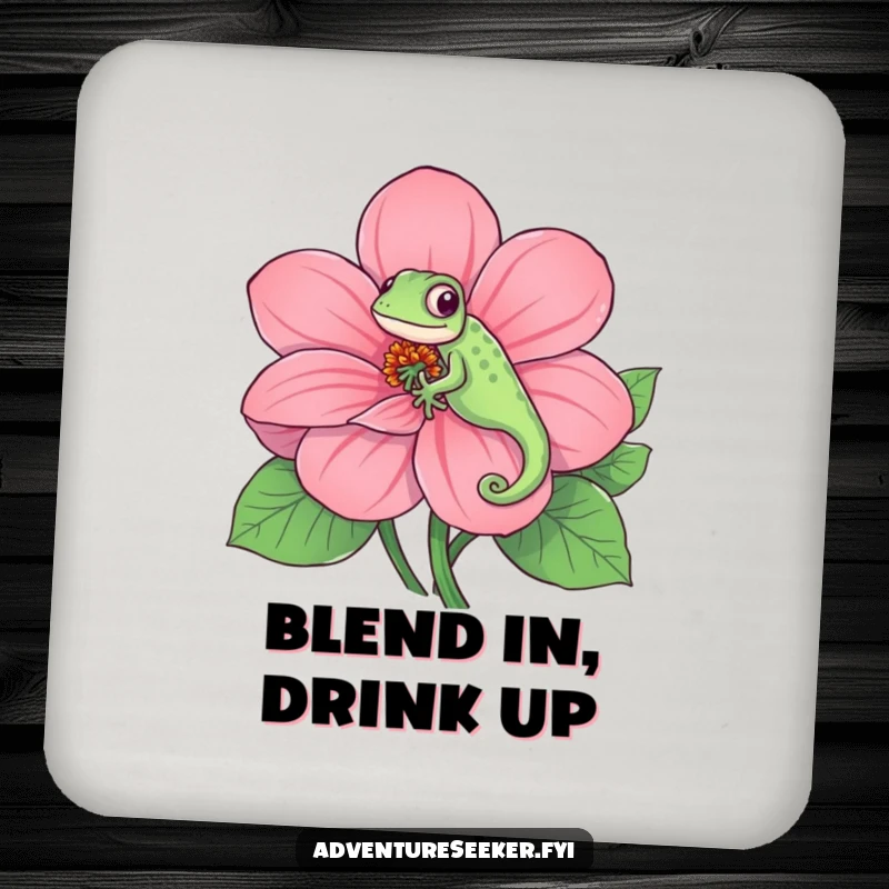 Funny drink coaster depicting a playful chameleon camouflaged on a giant, colorful flower, protecting surfaces with whimsical charm.