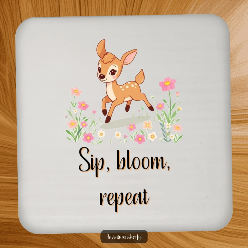 Funny deer coaster set featuring a playful character bounding joyfully through a colorful field of blooming flowers, protecting surfaces with charm.