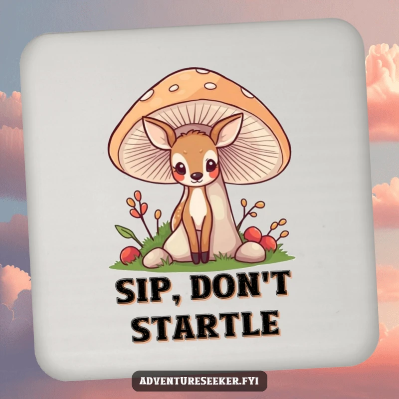 Funny Deer Mushroom Coasters: A shy deer peeking from a mushroom, offering whimsical humor for drink protection.