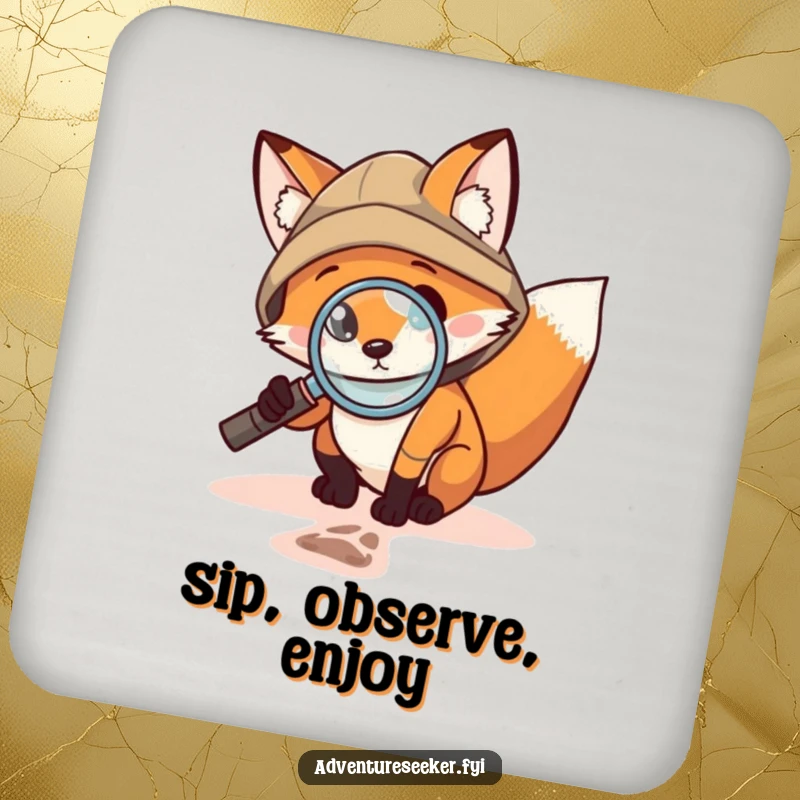 Funny Fox Explorer Coaster: Brave fox using a magnifying glass to inspect a tiny footprint, guarding drinks with humor and a detective's touch.