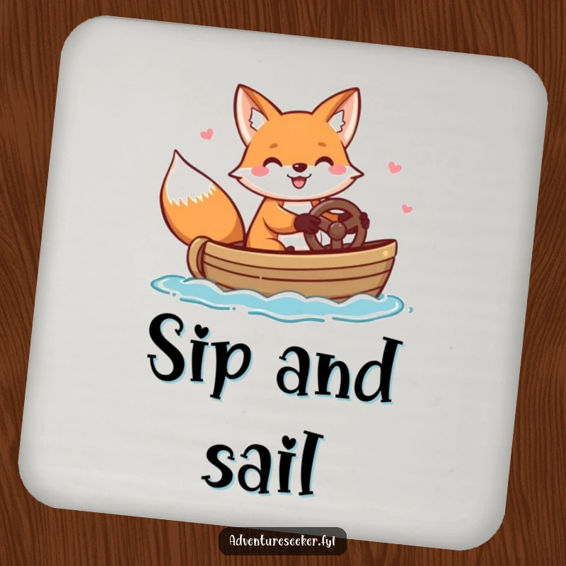 Funny drink coasters featuring a cheerful fox character happily steering a small boat, adding nautical flair to tables.