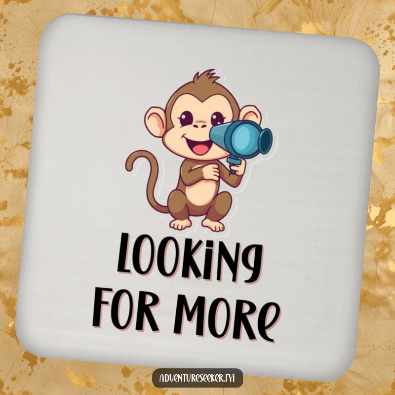 Funny Monkey Drink Coaster with a mischievous monkey character looking through a telescope, a humorous and protective accessory.