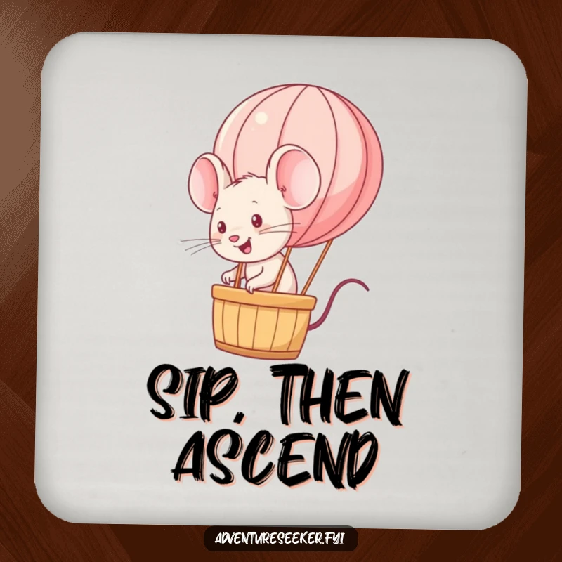 Funny energetic mouse character on a drink coaster, riding a miniature hot air balloon. A practical funny gift.