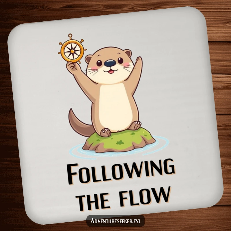 Funny Otter Coaster: Curious otter triumphantly holding a tiny compass aloft on a small island, functional and fun.