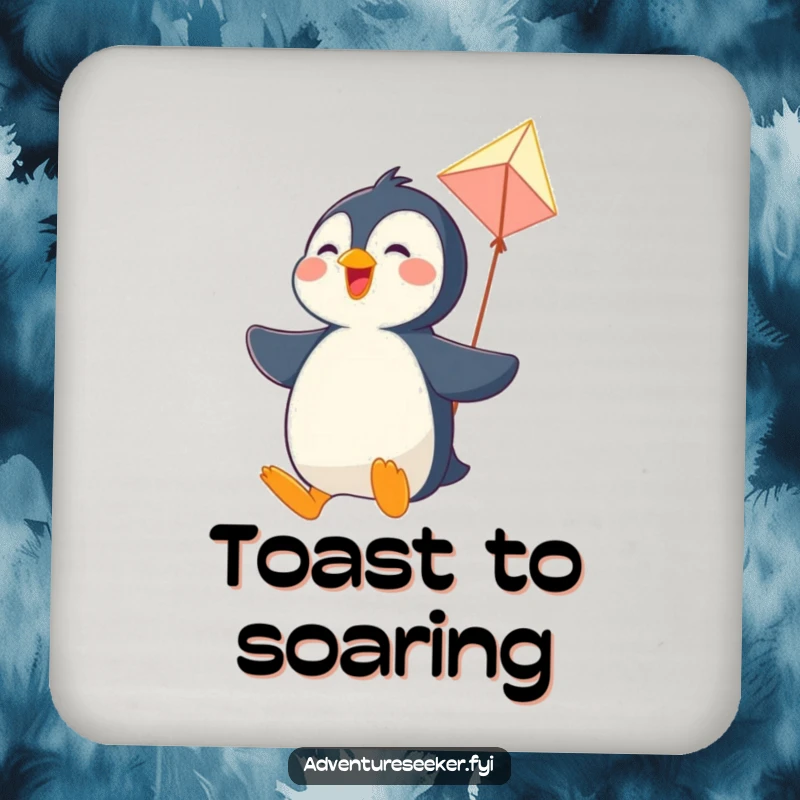Funny drink coaster featuring a joyful penguin character soaring on a makeshift kite, adding humor to any table setting.