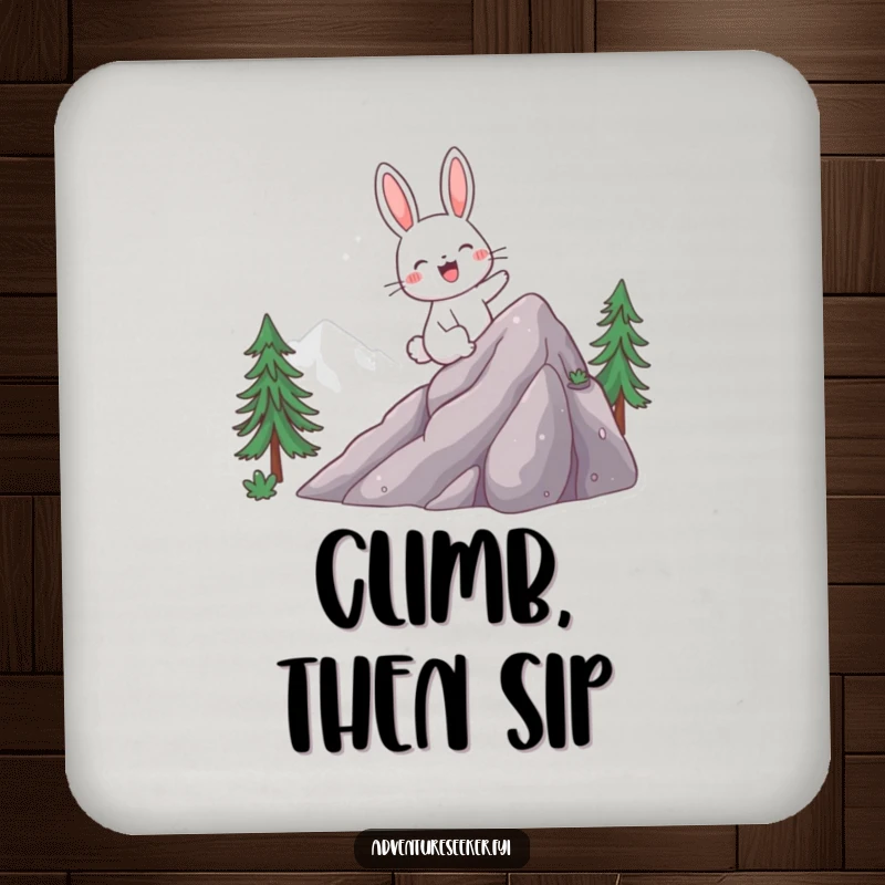 Funny drink coasters featuring a giggling rabbit character excitedly climbing a mountain, adding an adventurous touch to tables.