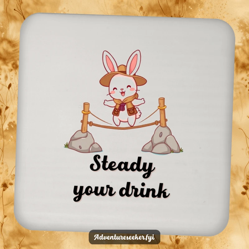 Funny drink coaster featuring a cheerful rabbit scout character bravely crossing a wobbly rope bridge, protecting surfaces with humor.