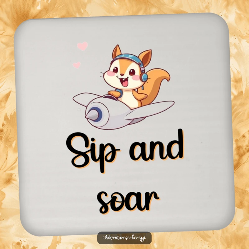 Funny drink coaster featuring a giggling squirrel pilot character joyfully flying a tiny plane, protecting surfaces with humor.