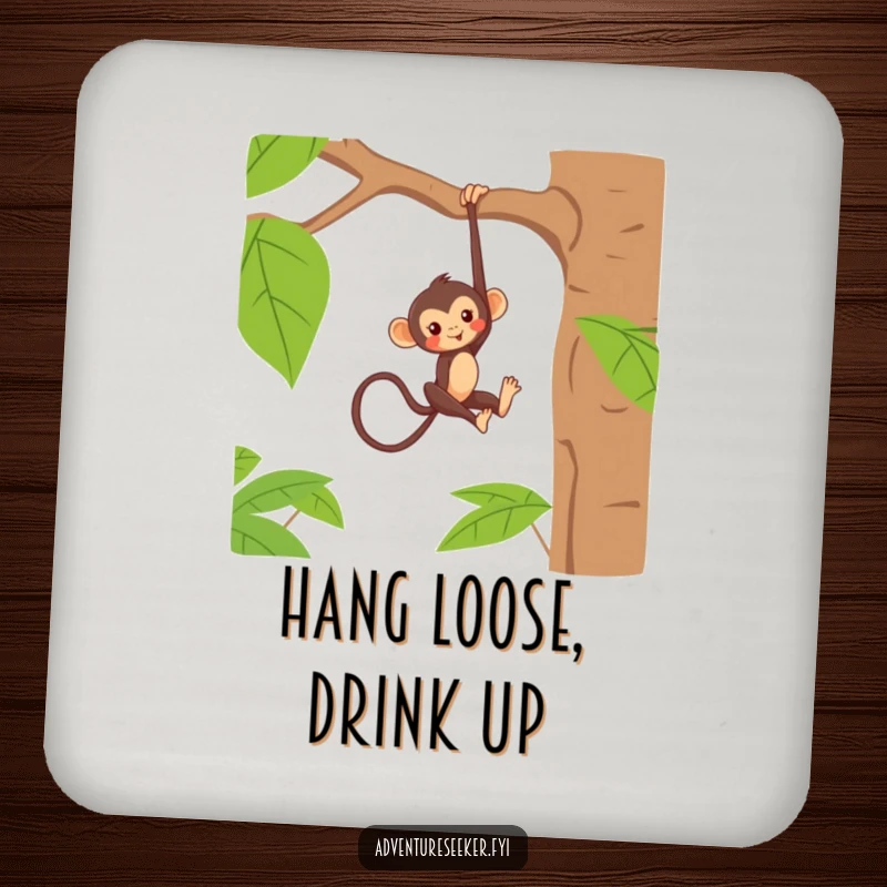 Funny drink coaster featuring a mischievous monkey character hanging from a jungle tree branch, adding humor to any setting.