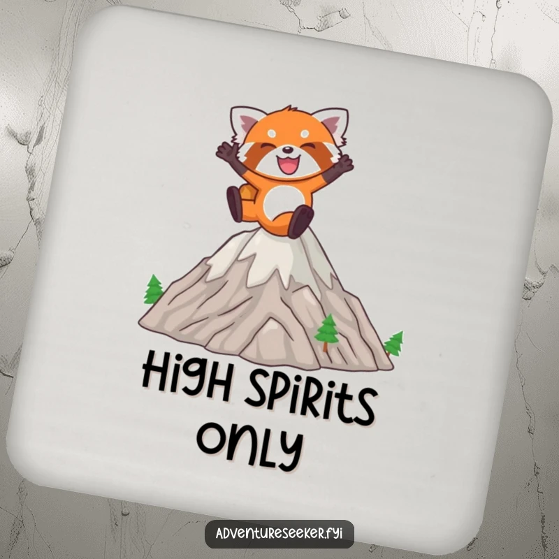 Funny Red Panda Coaster: Joyful red panda leaping energetically over miniature mountains, protecting surfaces with style.